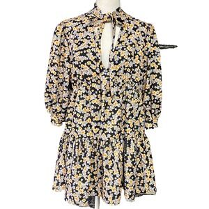 ASOS Design Dress Womens US 10 Black Yellow Floral Tie Neck Puff Sleeve Tiered M